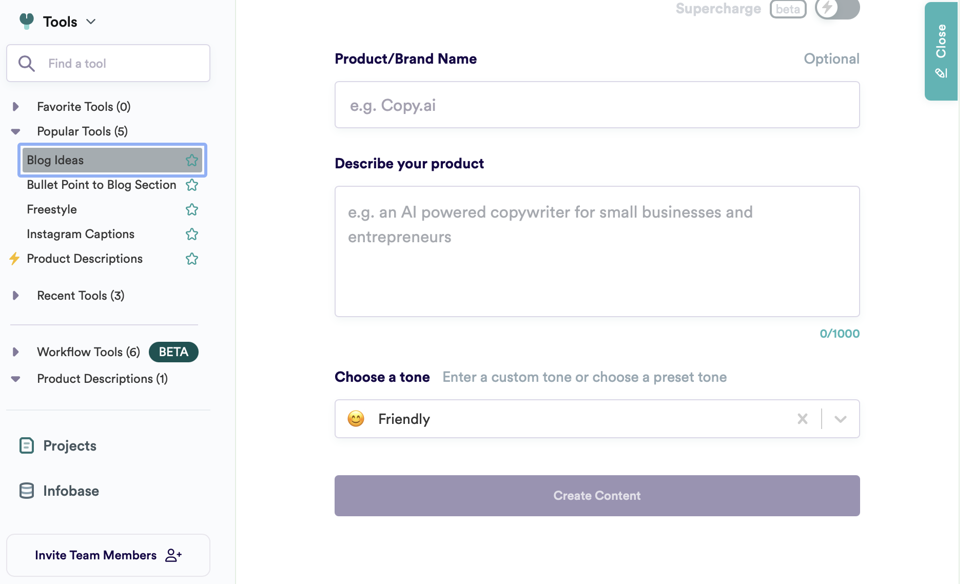 screenshot of CopyAI showing its Writing Tools With Custom Input & Tone Control