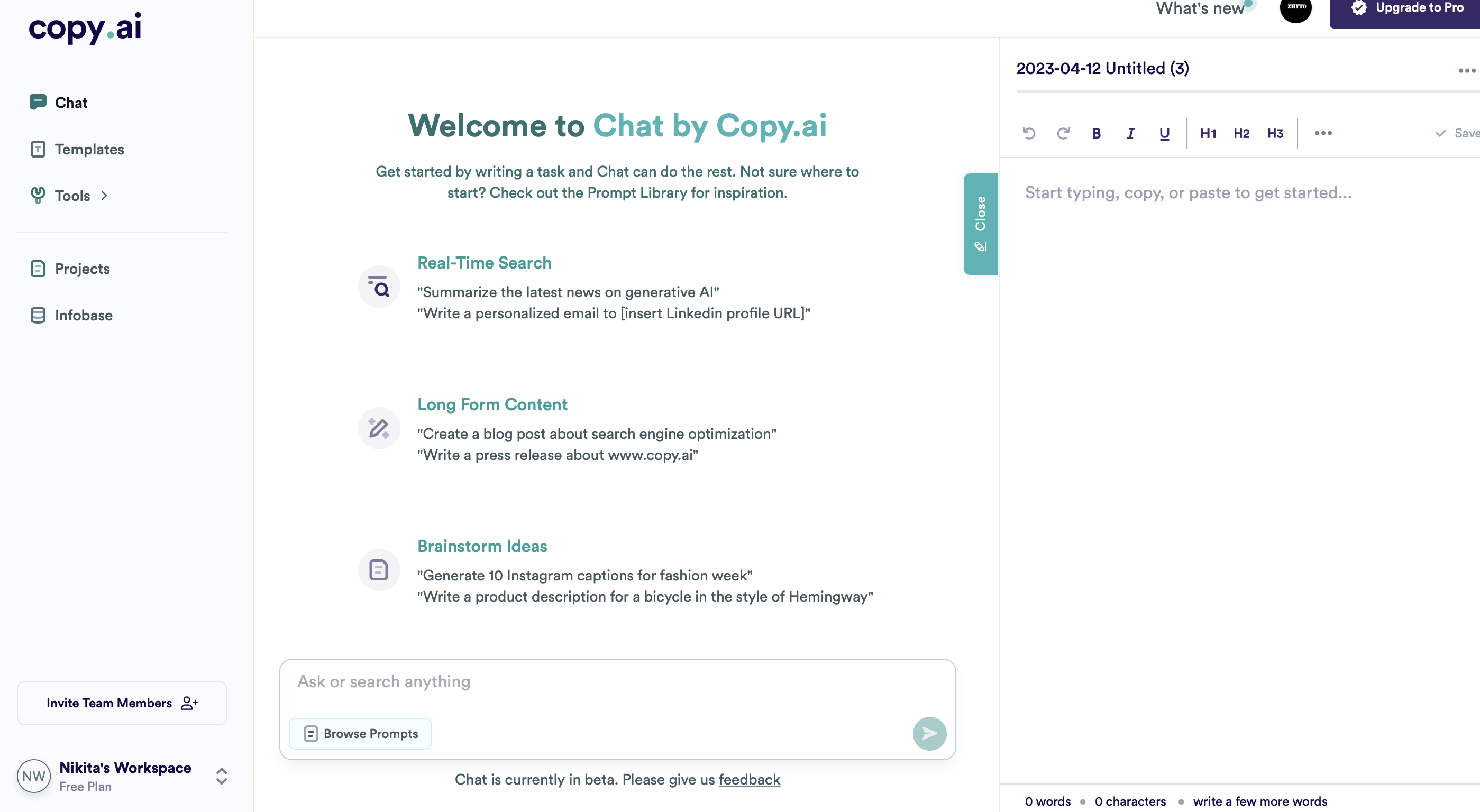 screenshot of Copy.ai showing its AI Copywriter & Chat Functionality