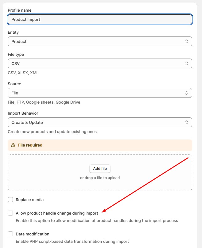 allow product handle change during import checkbox for Shopify product import
