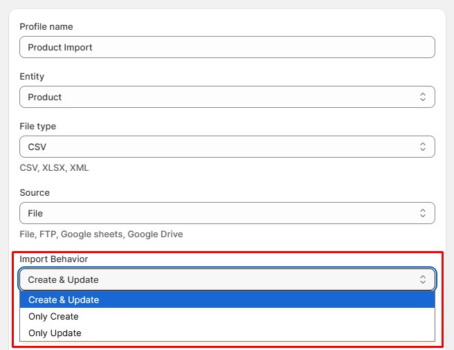 screenshot showing how to switch between different import behaviors in shopify: create new products, update the existing products, or do both actions simultaneously