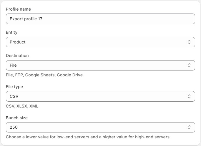 Import & Export Tool for Shopify: general export settings