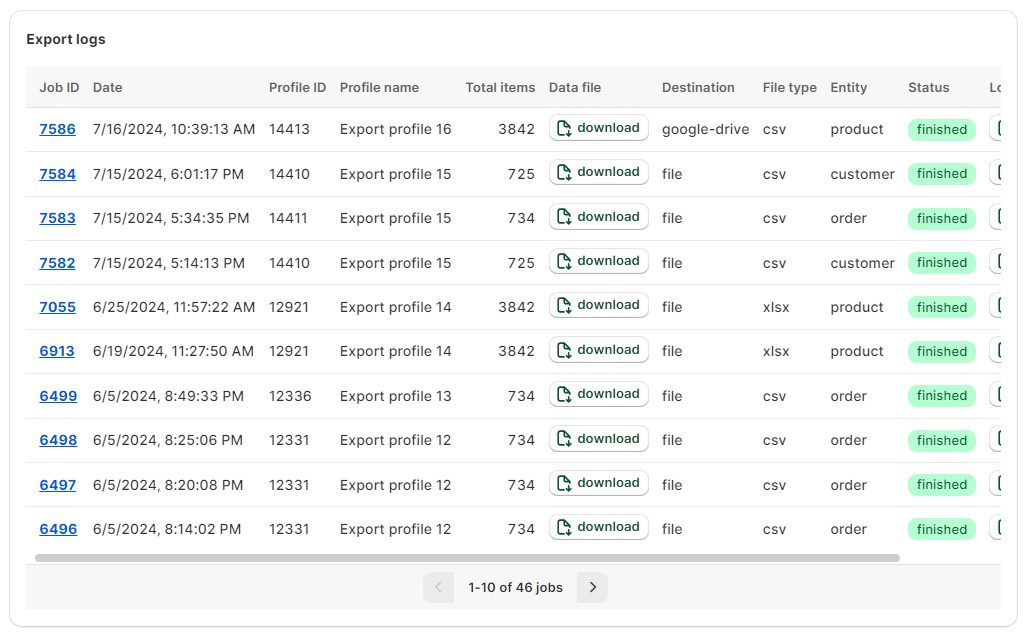 Import & Export Tool for Shopify: export logs