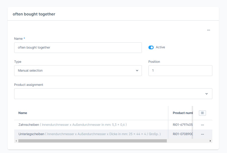 screenshot of Shopware 6 cross selling manual product assignment section
