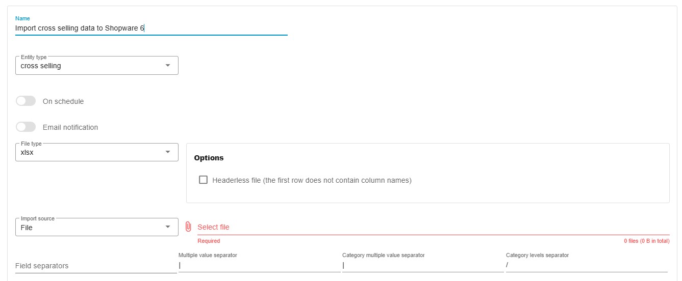 screenshot of Shopware 6 cross selling import profile available in Import, Export & Mass Actions app