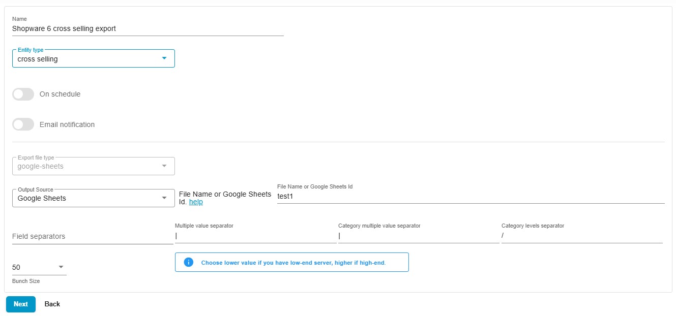 screenshot of Shopware 6 cross selling export profile available in Import, Export & Mass Actions app