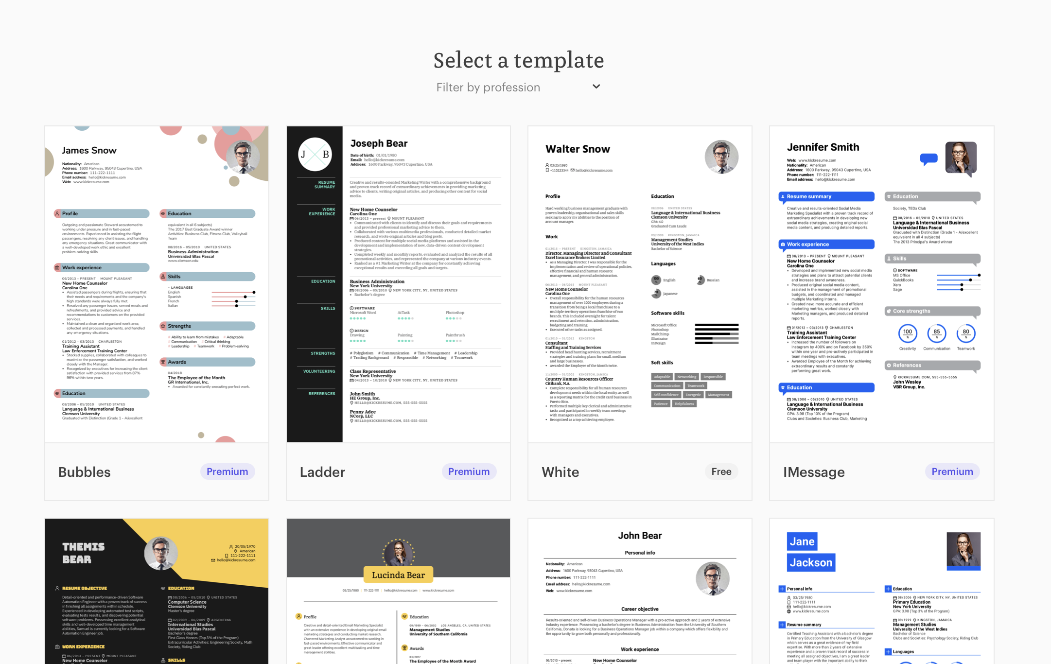the selection of ATS-Friendly Resume Templates available in kickresume