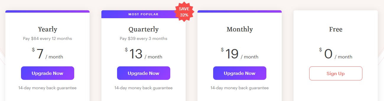 screenshot of Kickresume pricing plans including free and paid options