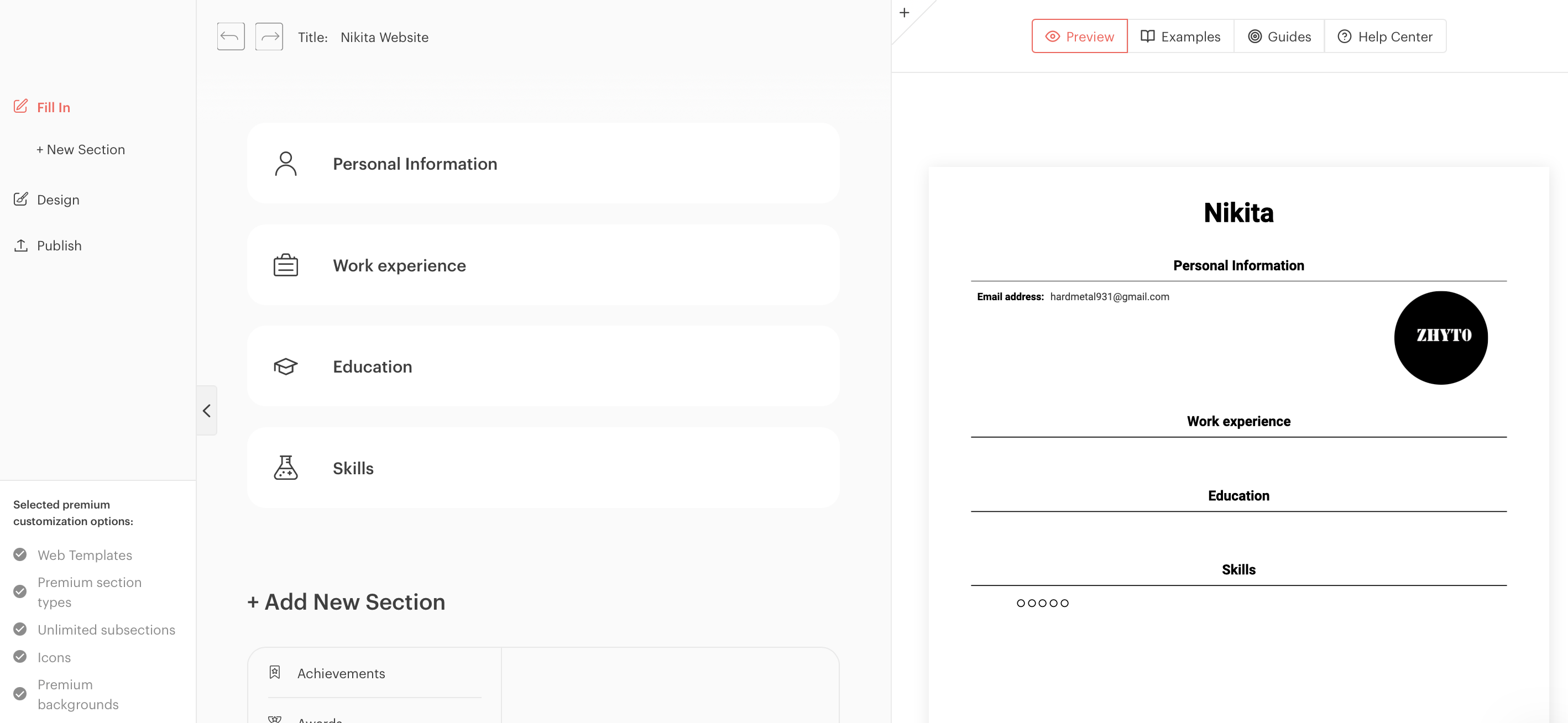 screenshot of Kickresume Personal Website Builder with sections and preview