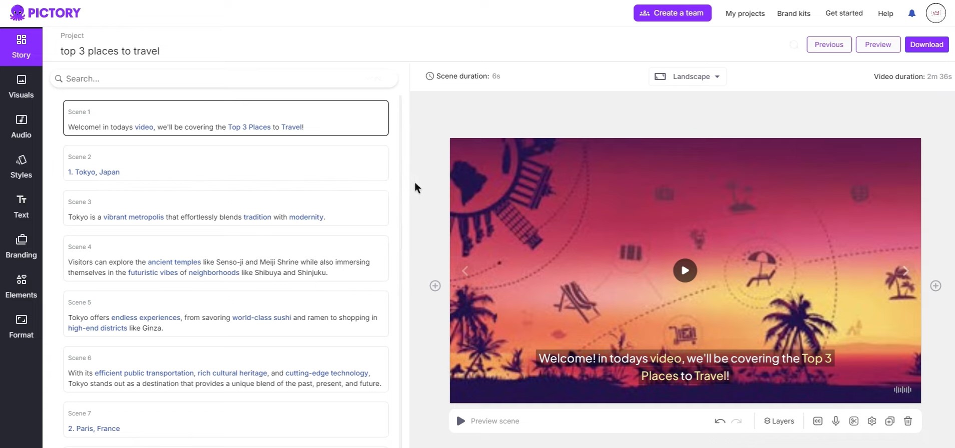screenshot of Pictory AI interface showcasing different scenes