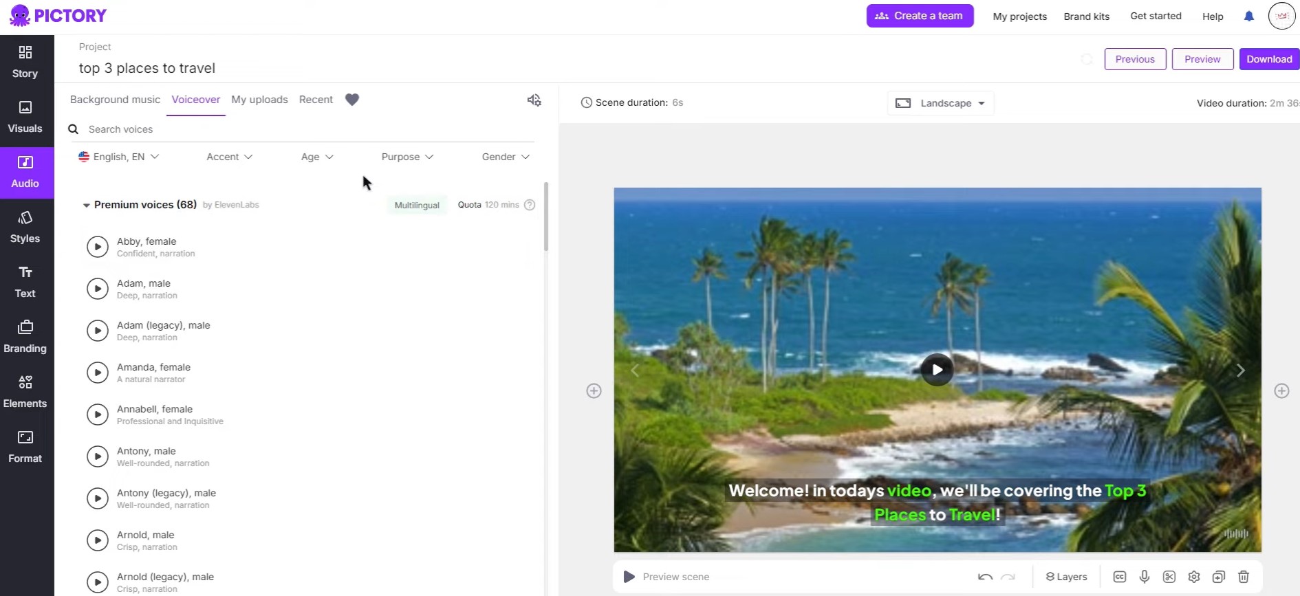 screenshot of Pictory AI showcasing its Audio and voiceover capabilities