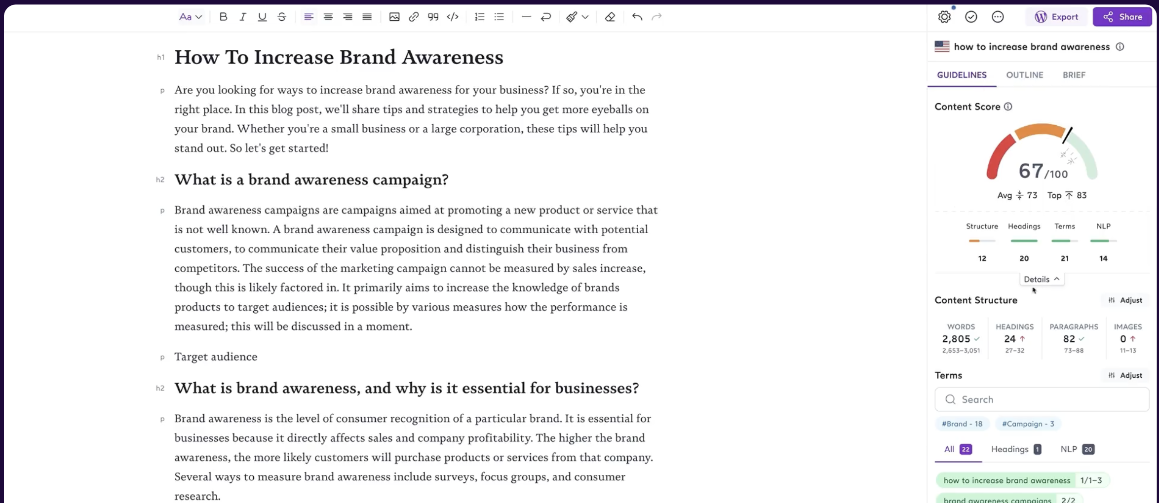 Surfer SEO review: a screenshot of a Content Editor
