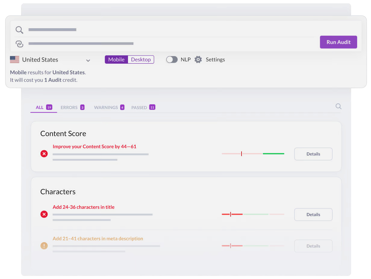 screenshot of the surfer seo audit tool