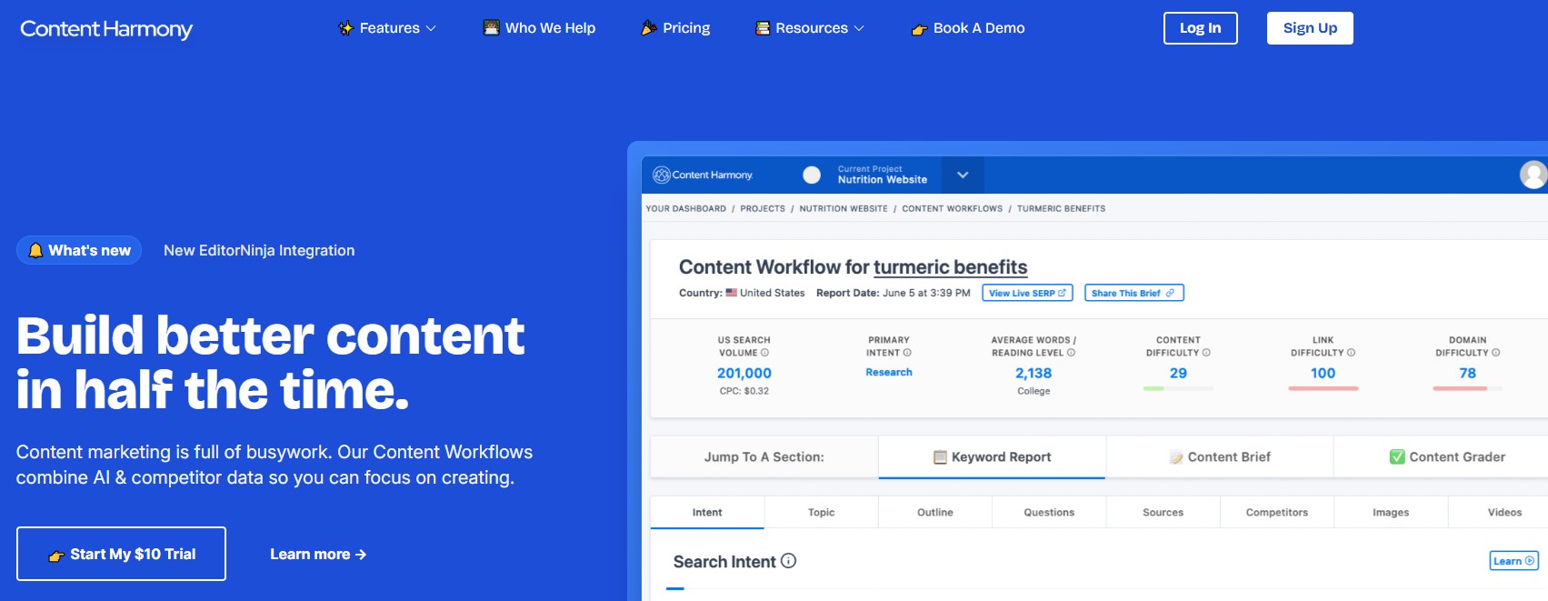 screenshot of Content Harmony home page - Surfer SEO alternative