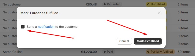 a screenshot showing How to Dropship on Shopify, marking orders as fulfilled in Shopify and notify customers