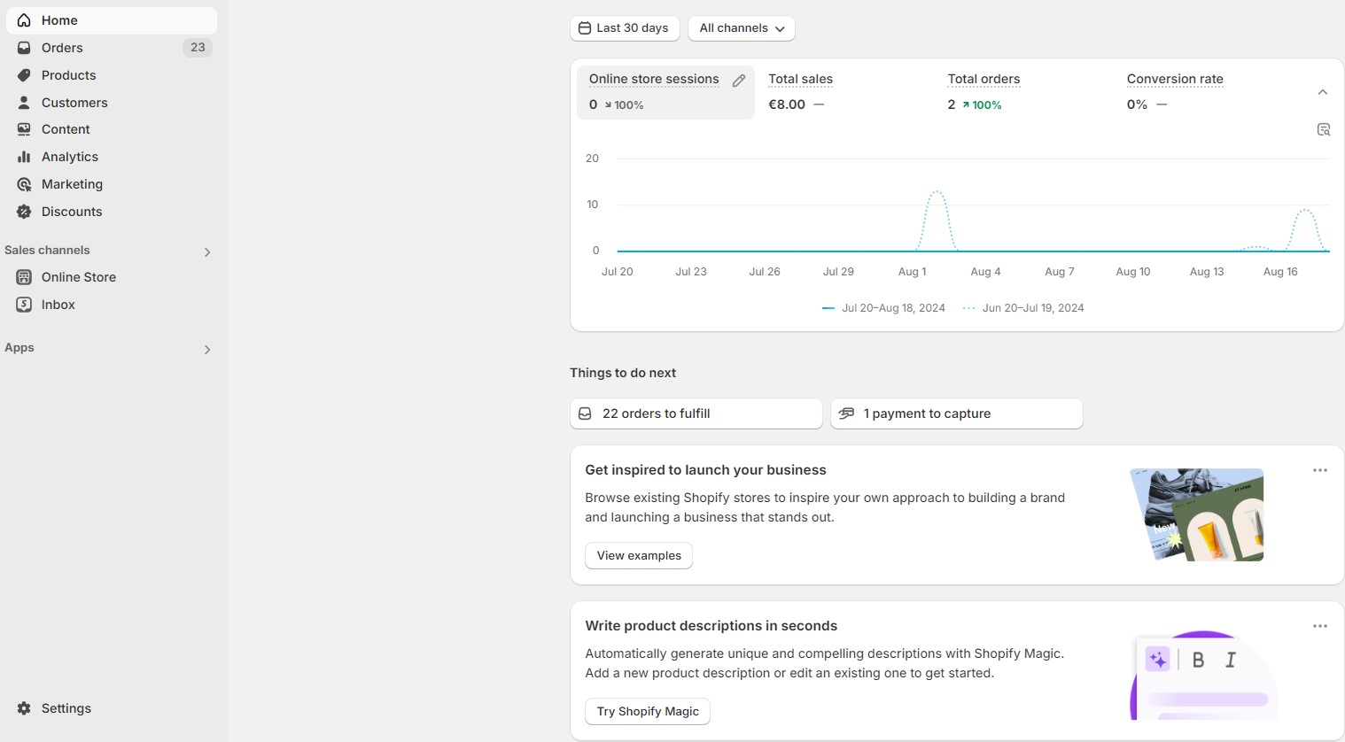 screenshot showing Home Page of the Shopify Admin the main instrument for merchants who learn How to Dropship on Shopify