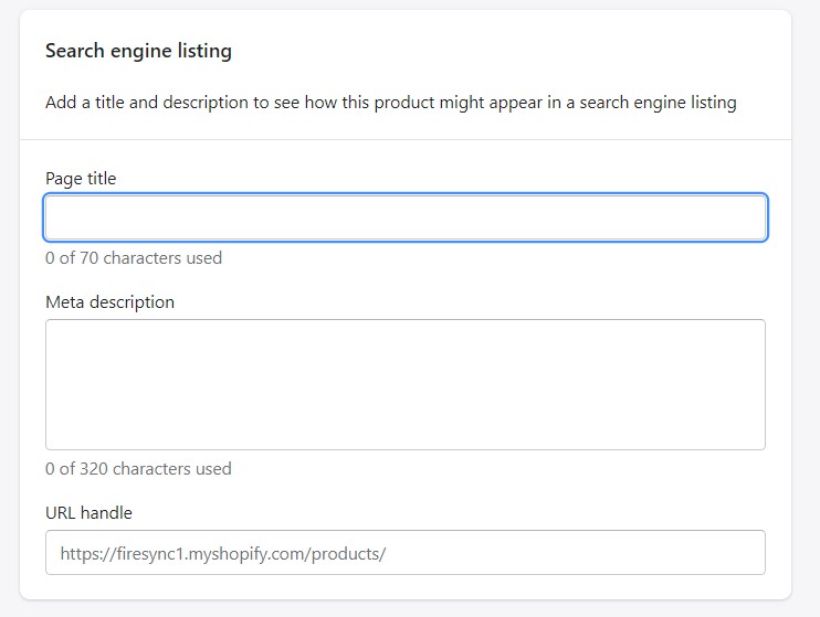 screenshot showing a product's search engine listing section in the Shopify admin - a place where you can specify page title, meta description, and URL handle to optimize your store for search engines while mastering How to Dropship on Shopify