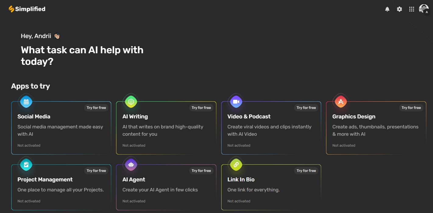 screenshot showing Simplified AI apps to try when you sign up for the first time