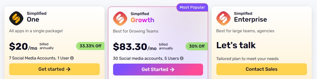 a screenshot that shows different pricing plans of Simplified AI