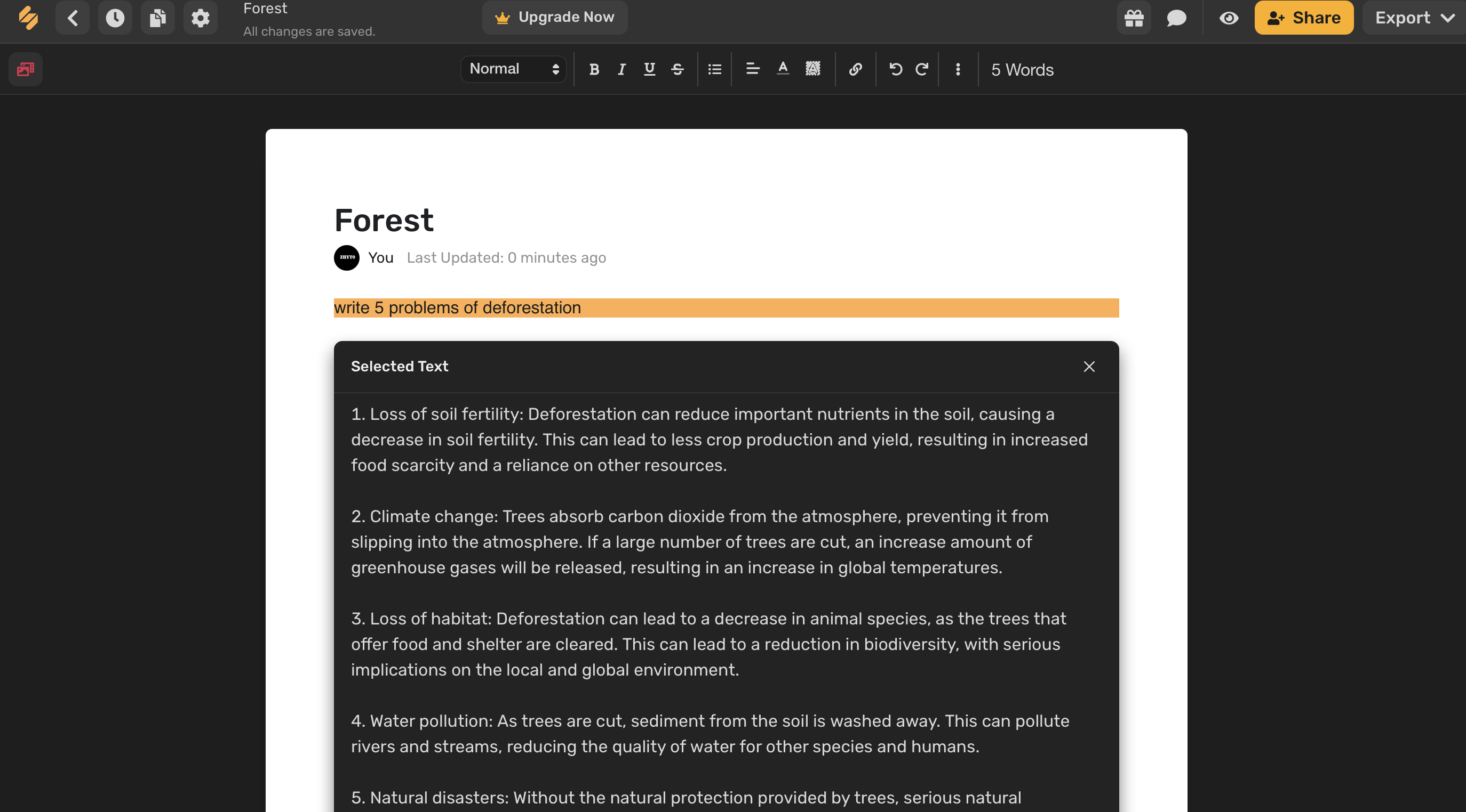 screenshot of Simplified AI writing assistant