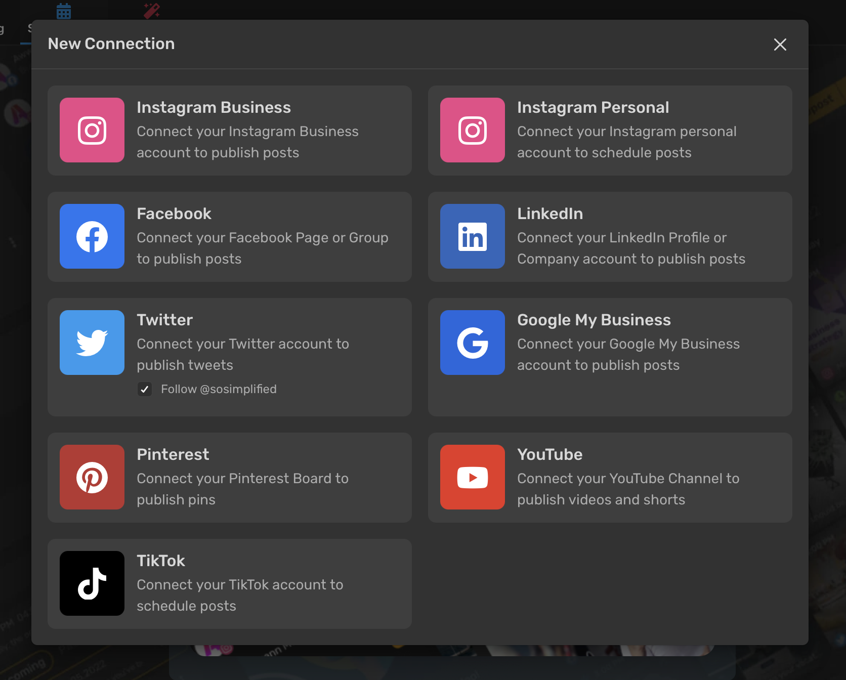 screenshot of Simplified AI social media toolkit's connection selection