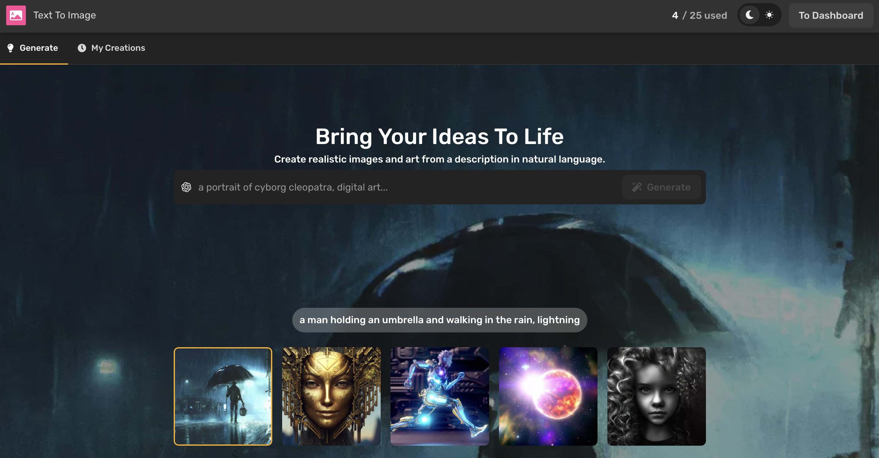 A screenshot of Simplified AI where you can generate custom AI-created images based on text prompts