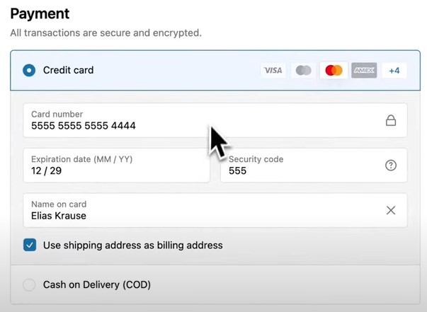 screenshot showing how to provide card information for successfult test order in Shopify