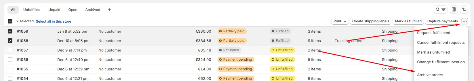 screenshot showing how to archive test orders in Shopify