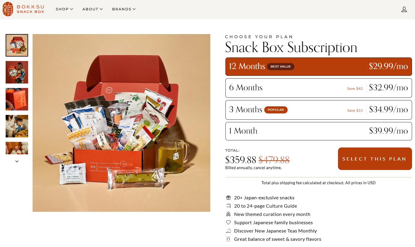Bokksu subscription box website showcasing Shopify's capabilities for subscription-based e-commerce with snack box options.