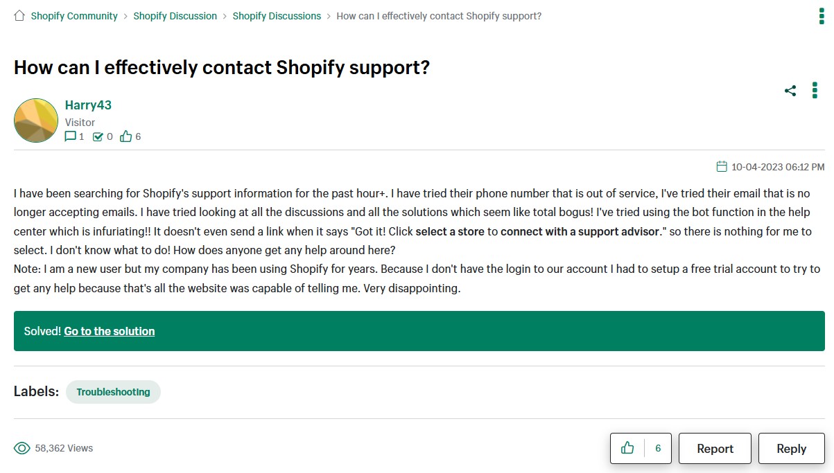 Shopify Community Forums discussion about contacting Shopify support