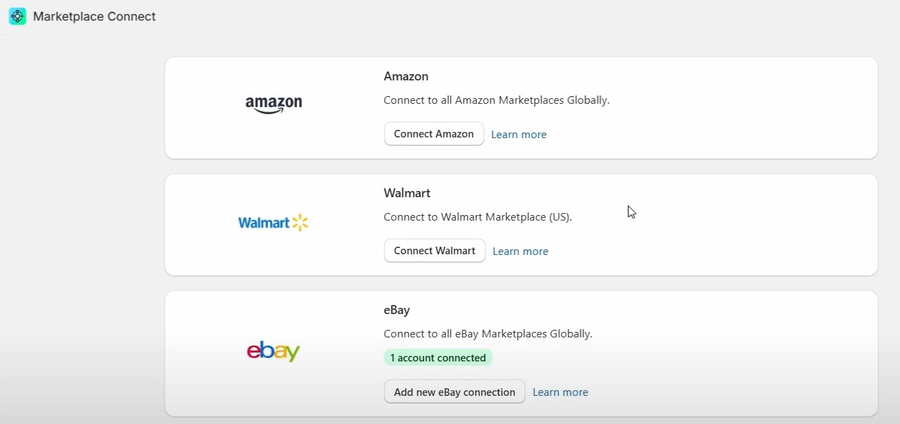 screenshot showing shopify marketplace connect app's section with supported marketplaces that can be connected to shopify to import orders and sync other data