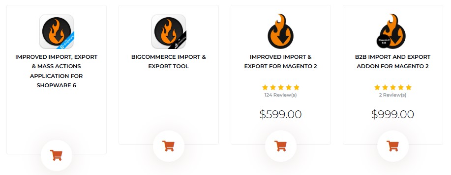 Firebear’s Shopify and Magento extensions showcasing pricing and customer ratings.