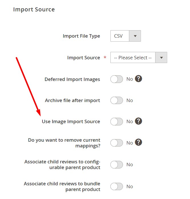 Step 1 - selecting file type and source and enabling 'use image import source' - of advanced Magento 2 Import of Images when you Bulk Upload Product Pictures from FTP, Google Drive & More