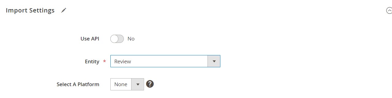 The next step of How to Associate Child Reviews to Configurable or Bundle Parent Products During Magento 2 Import: the Import Settings tab, where you should set the entity type to Review.