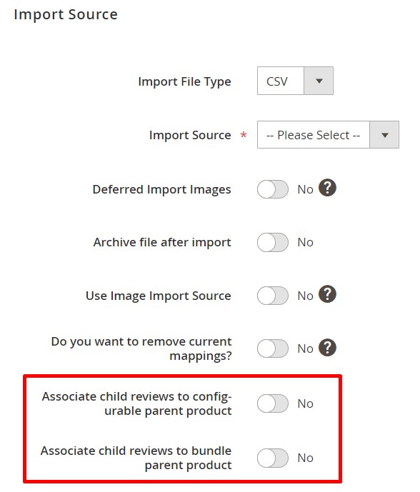 Screenshot showing how to configure the Import Source and file type and Assign Magento 2 Product Reviews to Parent Configurable or Bundle Products during the Magento 2 import of product reviews