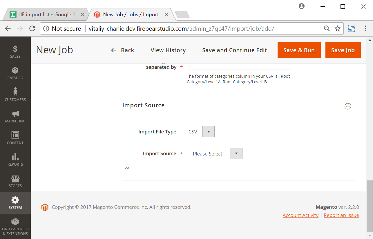 gif showing Magento 2 import from Google Sheets. With IIE, you can import product reviews to Magento 2 from Google Sheets and associate child reviews to parent bundle or configurable products