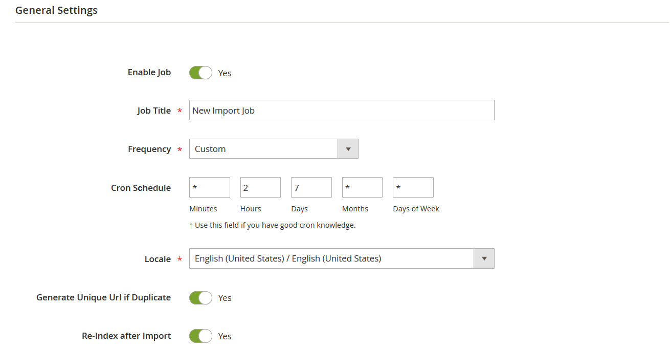 screenshot showing the General Settings tab, where you can enable the job, give it a descriptive title, and (if needed) set a schedule to automate recurring imports of product reviews to Magento 2