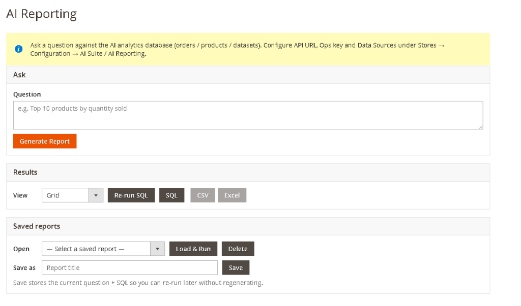 AI reporting for Magento 2 dashboard answering a sales question in plain English
