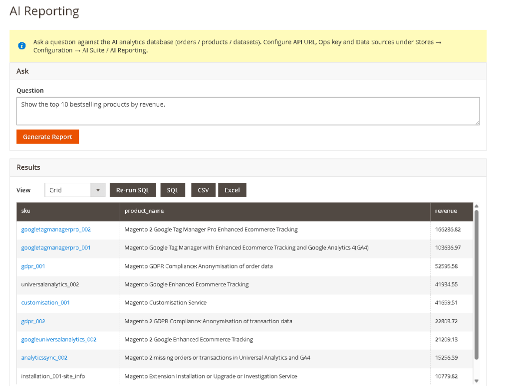 AI reporting for Magento 2 dashboard answering a sales question in plain English