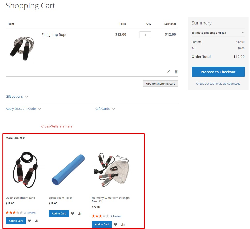 magento cross sell products block in a shopping cart promoting additional items a customer can add straight from the shopping cart