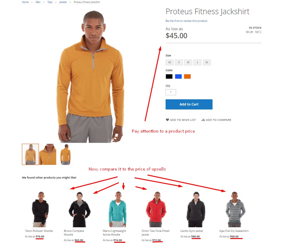 magento 2 upsell products block on a product page: proposed items have a higher price than the main product on the product page