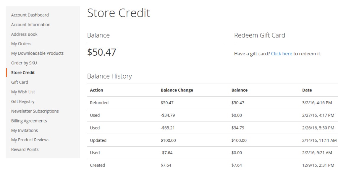 Magento 2 Store Credits in customer account dashboard