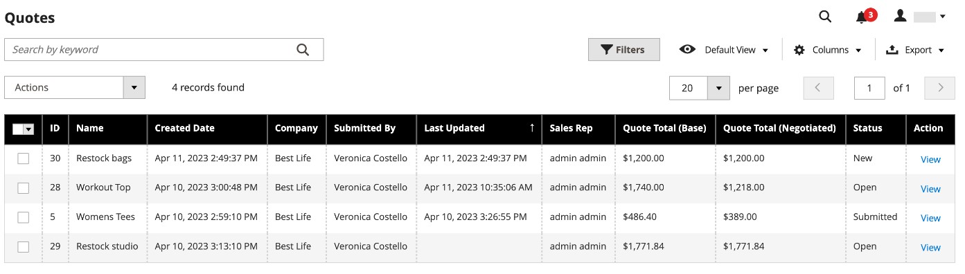 magento 2 b2b quotes screen in the admin