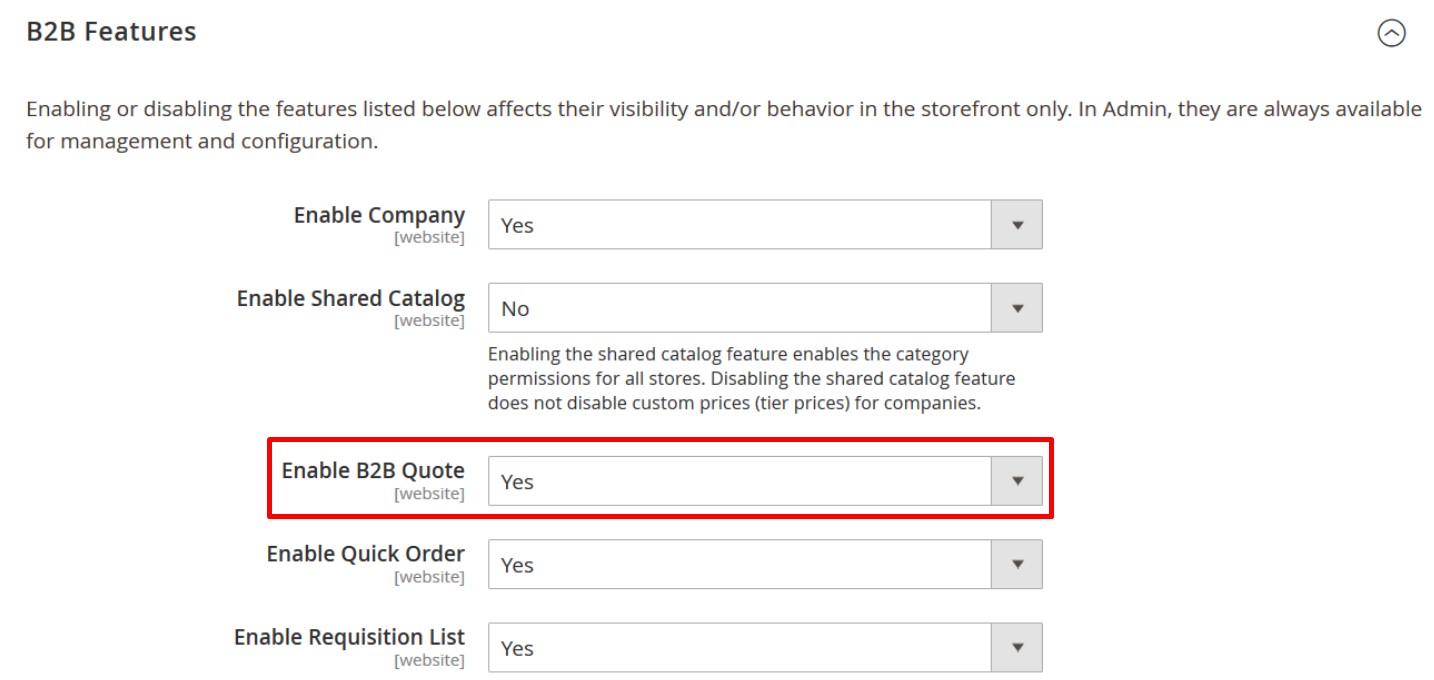 enable the magento 2 b2b quote functionality
