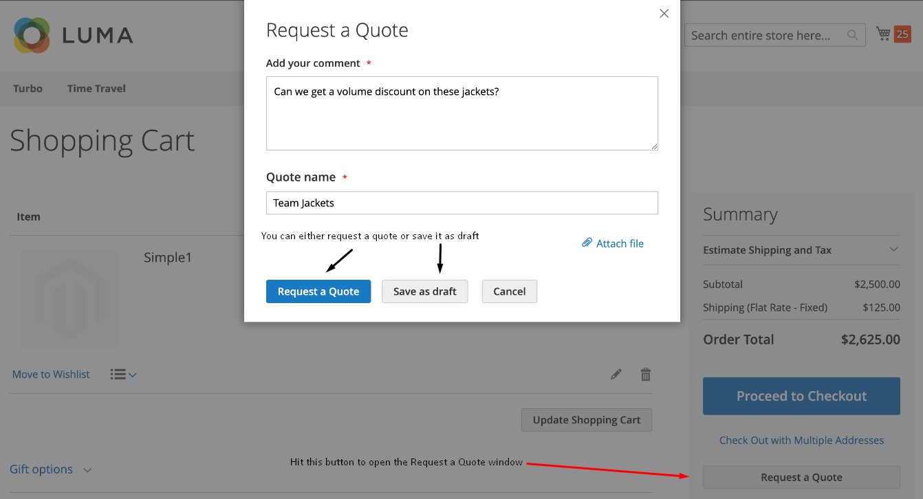 create a magento 2 b2b quote from shopping cart