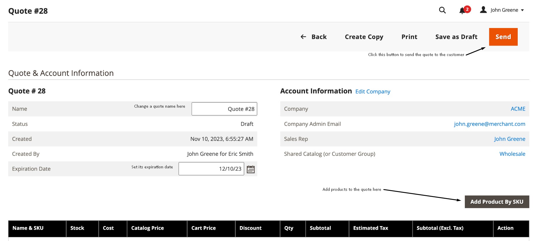 screenshot showing how to edit magento 2 b2b quote