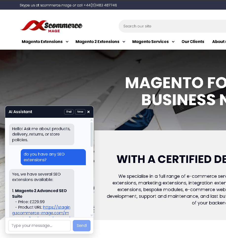 AI chatbot for Magento 2 storefront widget answering a product question