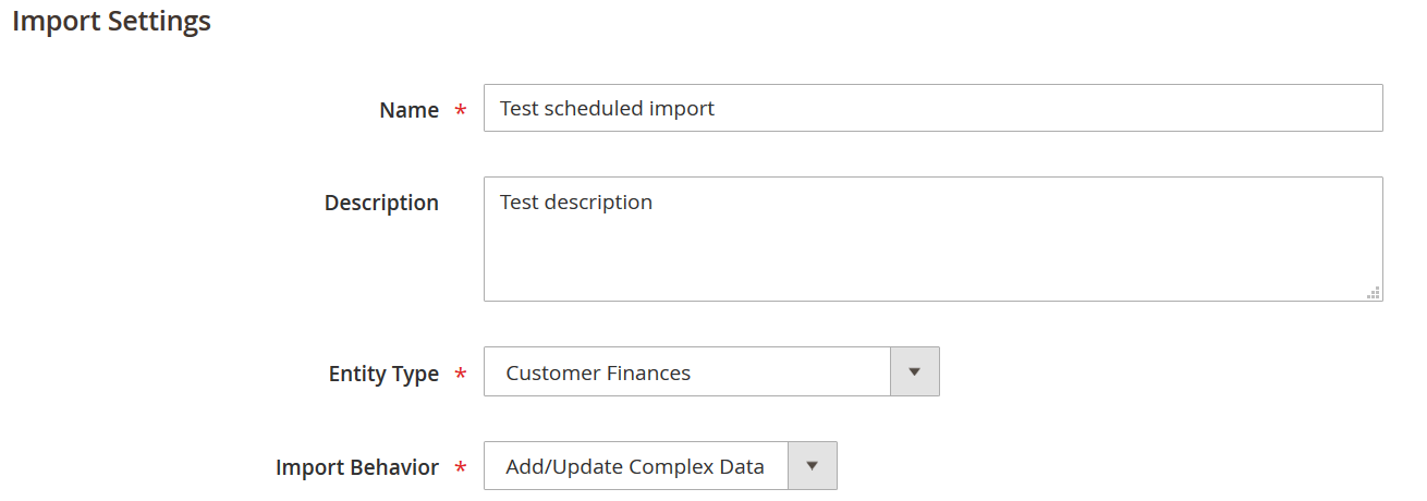 Import settings of Adobe Commerce data migration profile for customer finances with import behavior config - Add/Update, Replace, and Delete