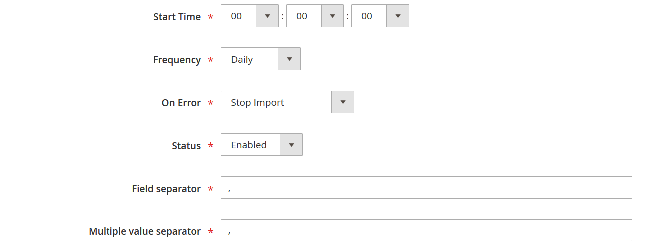 screenshot of scheduled import settings in the admin for Adobe Commerce data migration