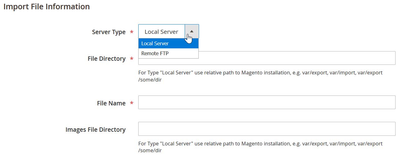 data import to Adobe Commerce from a remote FTP or a local server