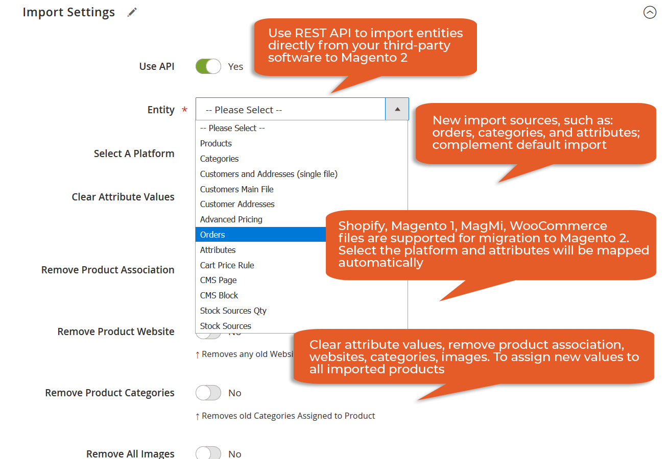 Screenshot explaining the advantages of Improved Import & Export Magento 2 Extension, including support for orders, categories, attributes, B2B, or MSI; import any data
